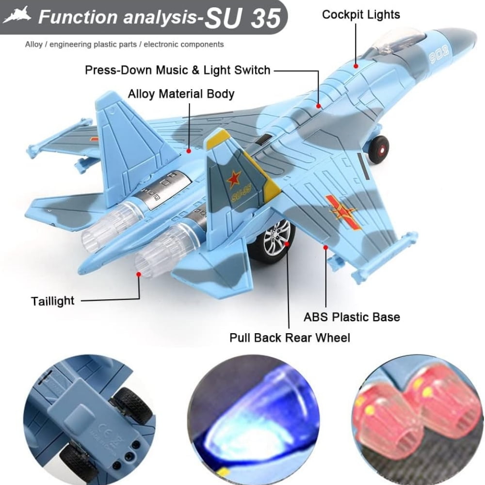 2 Pack Diecast Airplane Toys, SU35 F18 Model Plane Toy, Pull Back Toy Jets with Light & Sound for Gifts Collection Decor