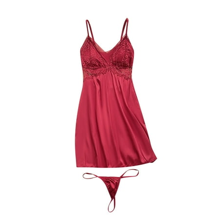 Lovskoo 2024 Women s Satin Spaghetti Strap Sleepwear Babydoll Sleepwear Sleeveless Ruffle Chemise Nightgown with Thong Wine