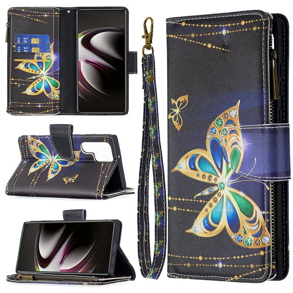 TECH CIRCLE Galaxy S22 Ultra 5G Wallet Case,Premium PU Leather Zipper Card Slot Wrist Strap Magnetic Closure Kickstand Carrying Pouch Protective Case for Samsung Galaxy S22 Ultra 5G,Gold Butterfly