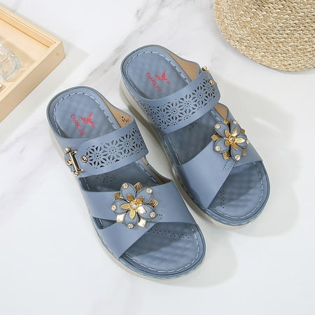 

HIBRO Women Summer Slip-On Wedges Beach Open Toe Breathable Sandals Flowers Shoes