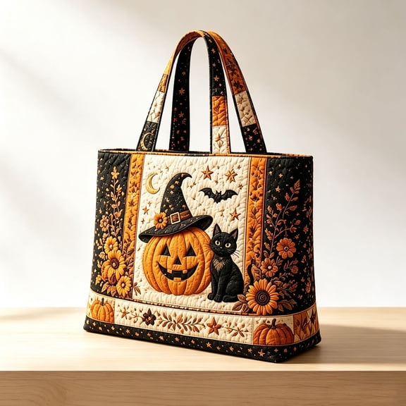 Linnome Halloween Quilted Tote Bag for Women, Horror Style Large Capacity Shoulder Bag, Vintage Festive Handbag with Cat Pumpkin and Bat Print, Durable Padded Reusable Holiday Shopping Purse