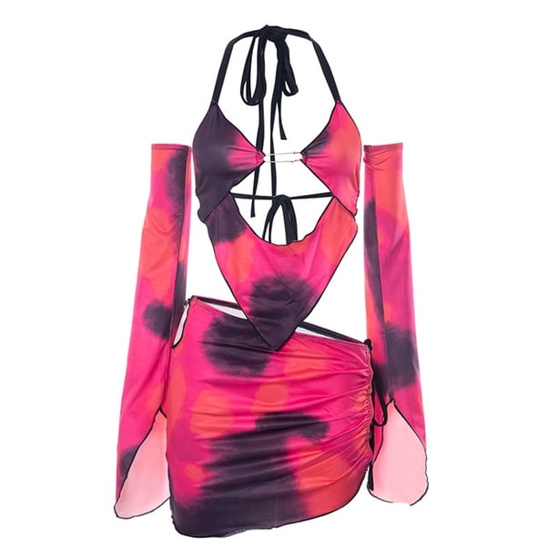 Traje De Falda De Verano Conjunto de minifalda halter con estampado de mármol Conjunto de vacaciones asimétricas (Rojo L) Ygjytge para Mujer Rojo T S