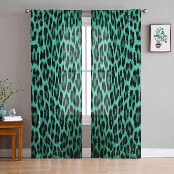 ERUNPONLY Green Leopard Print Sheer Curtains 96 Inch Length 2 Panels Set, Farmhouse Abstract Animal Patterned Voile Window Treatment Sheer Long Curtains for Bedroom/Living Room/Kitchen 52"x96"x2