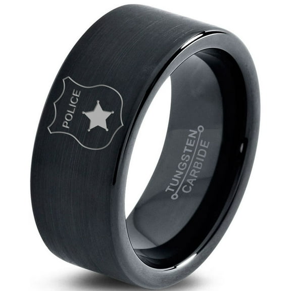 Tungsten Police Cop Authority Crest Badge Band Ring 9mm Men Women Comfort Fit Black Flat Cut Brushed Polished