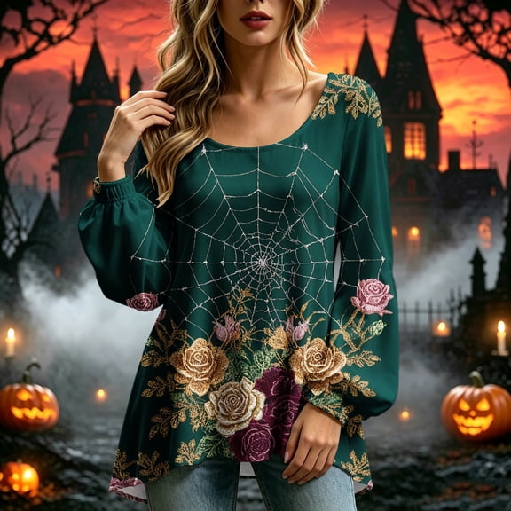 Yxbdin Loose Halloween Shirts for Women Funny Graphic Festival Outfits Trendy Long Lantern Sleeve Fall Tops Classic Scoop Neck Halloween Costumes
