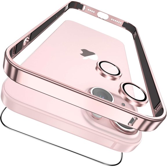 Inksjd 3 in 1 Case for iPhone 15 Titanium Frame with Screen Protector and Camera Lens Protector Tempered Glass, Metal Bumper Slim Hard Straight Edge Full Drop Protection Accessories, Pink