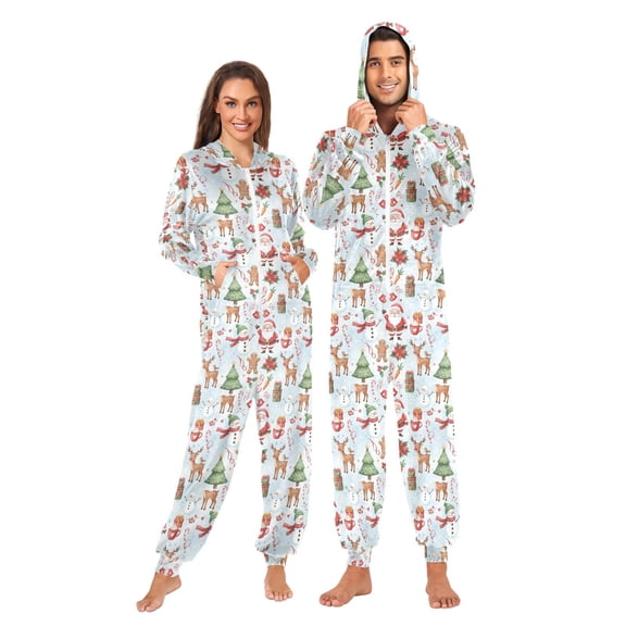 Adult Christmas Onesie Cute Christmas Santa Snowman Zipper One-Piece Pajamas Unisex with Pockets