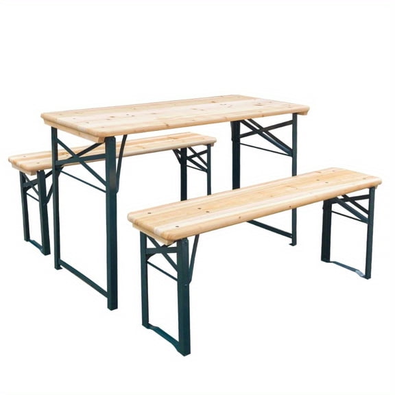 3-Piece Foldable Picnic Table Set with 2 Benches, Wood & Steel Frame Outdoor Dining Set for Patio, Camping, Garden