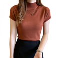 thumbnail image 1 of Chandail à Col Montant Demi-Haut Uni pour Femmes, Mode, Ajusté, Manches Courtes, T-Shirt Tricoté, Rouge, 1 of 6