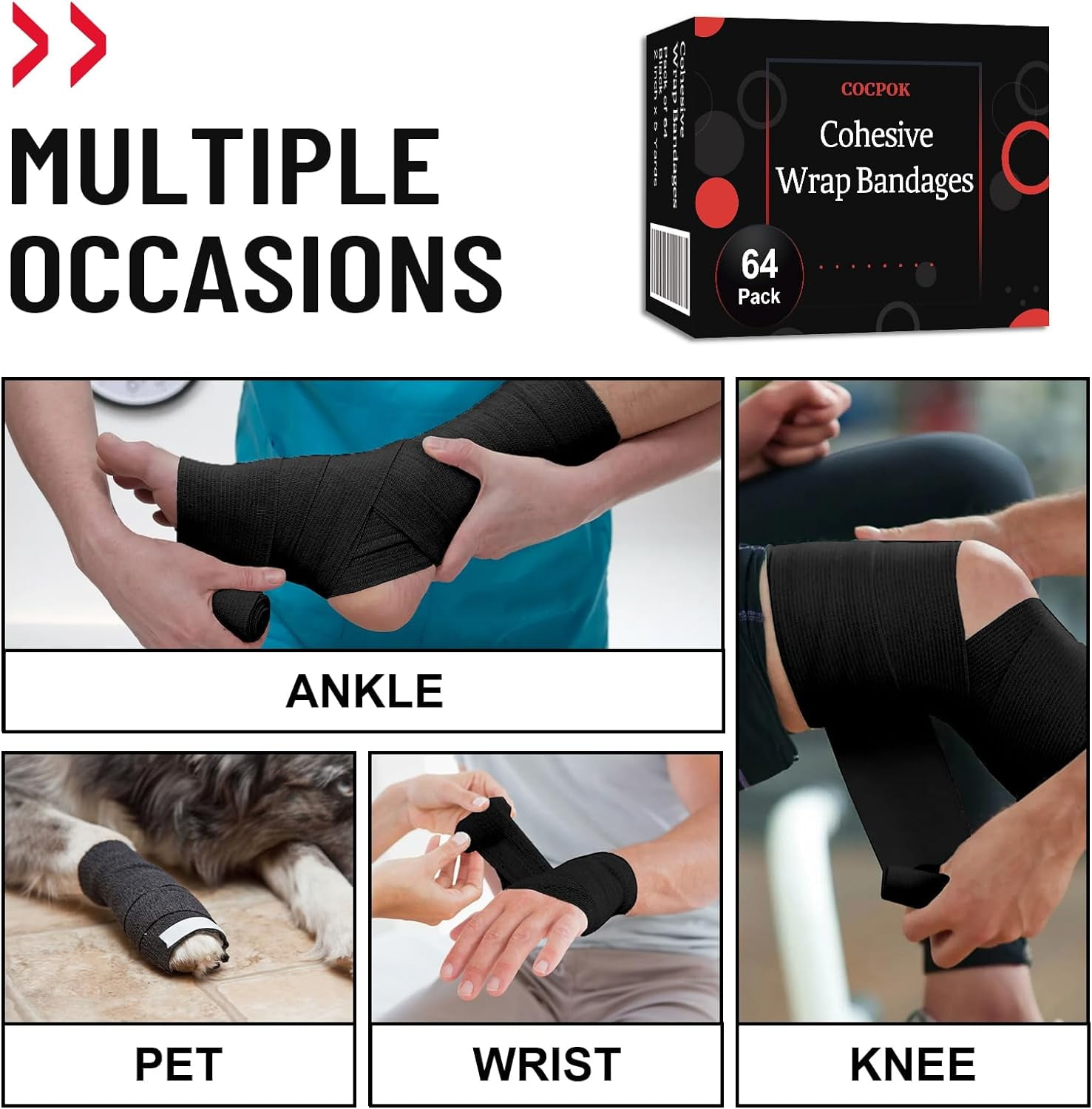 COCPOK Self Adherent Cohesive Wrap Bandages,64 Pack Black Athletic Tape,Self Adhesive Bandage Wrap 2 Inch x 5 Yard,Elastic Cohesive Bandage Wrap,Breathable Sports Wrap for Wrist Ankle,Vet Wrap for Pet