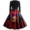 thumbnail image 3 of Fgvctg Womens Mardi Gras Dress Party Formal Carnival V Neck Cocktail Dress Glitter Mask Print Trendy 50s Tea Dress Vintage Long Sleeve A-Line Parade Clothing Wine 5XL, 3 of 5