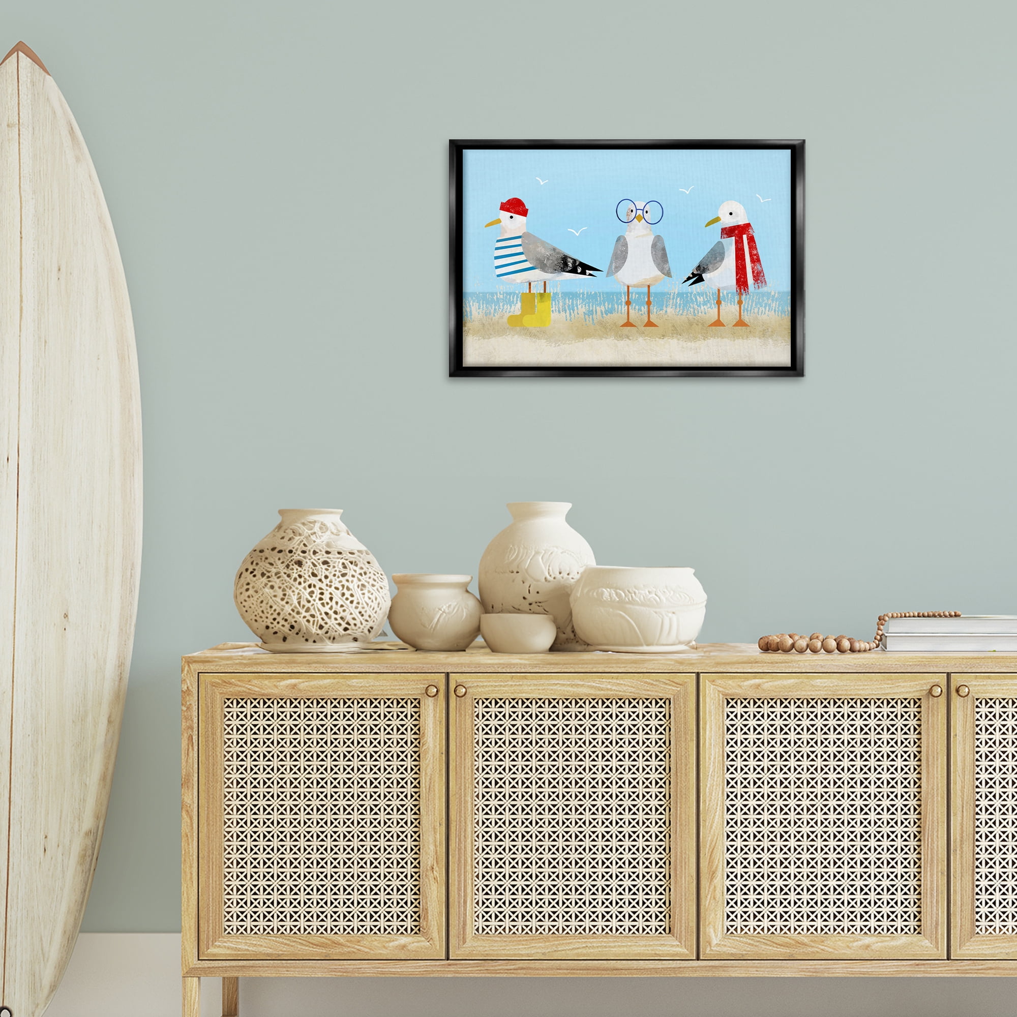 Stupell Industries Seagulls in Winter Clothes Animals Painting Black Floater Framed Canvas Art Print Wall Art, 25 x 17