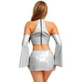 thumbnail image 2 of Yeahdor Womens Glossy Pu Crop Top Halter Off Shoulder Flared Sleeve For Clubbing Raves Silver L, 2 of 6