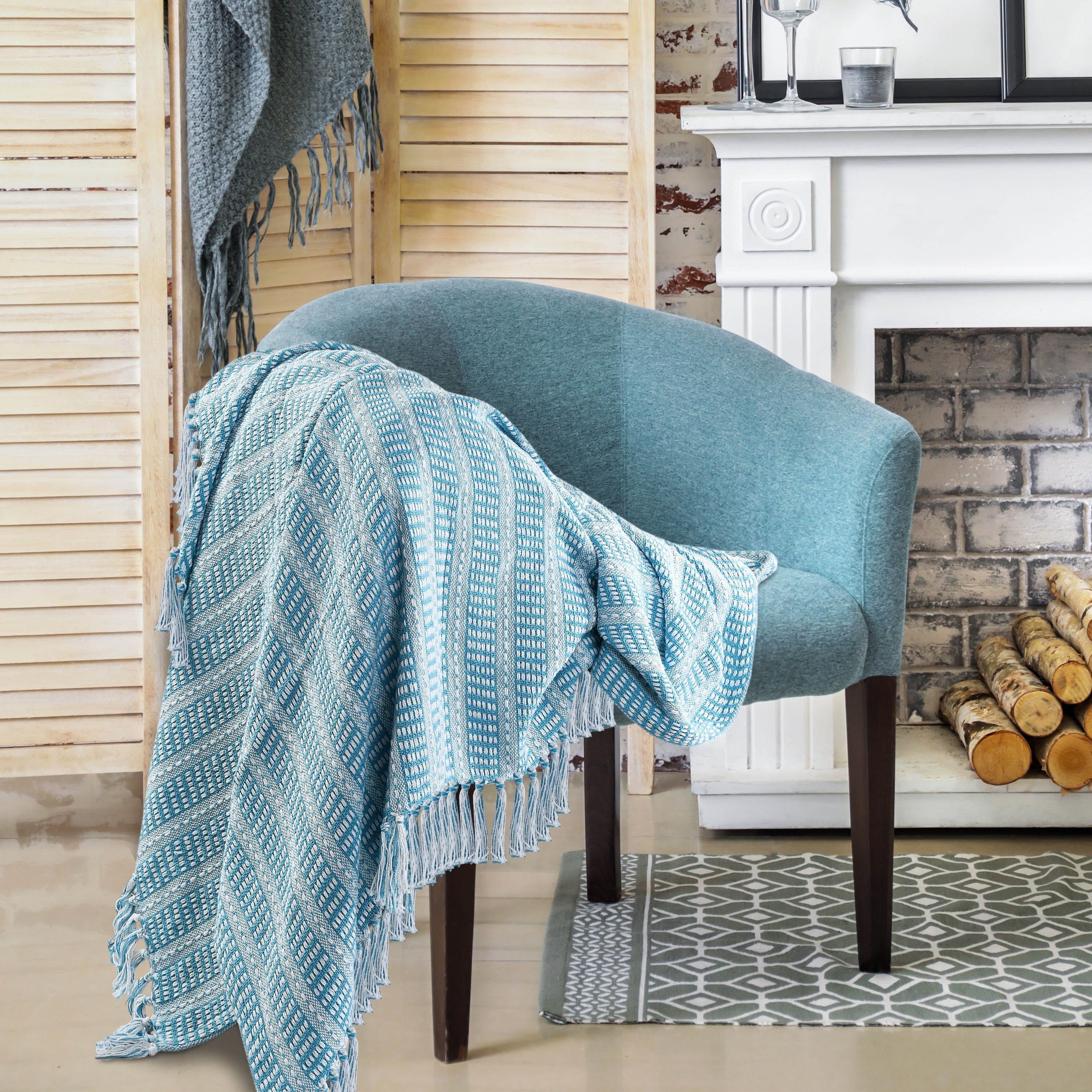 Ox Bay And Evette Rios Maui Blue Geometric Striped Adult Cotton Throw Blanket, 50" x 60"