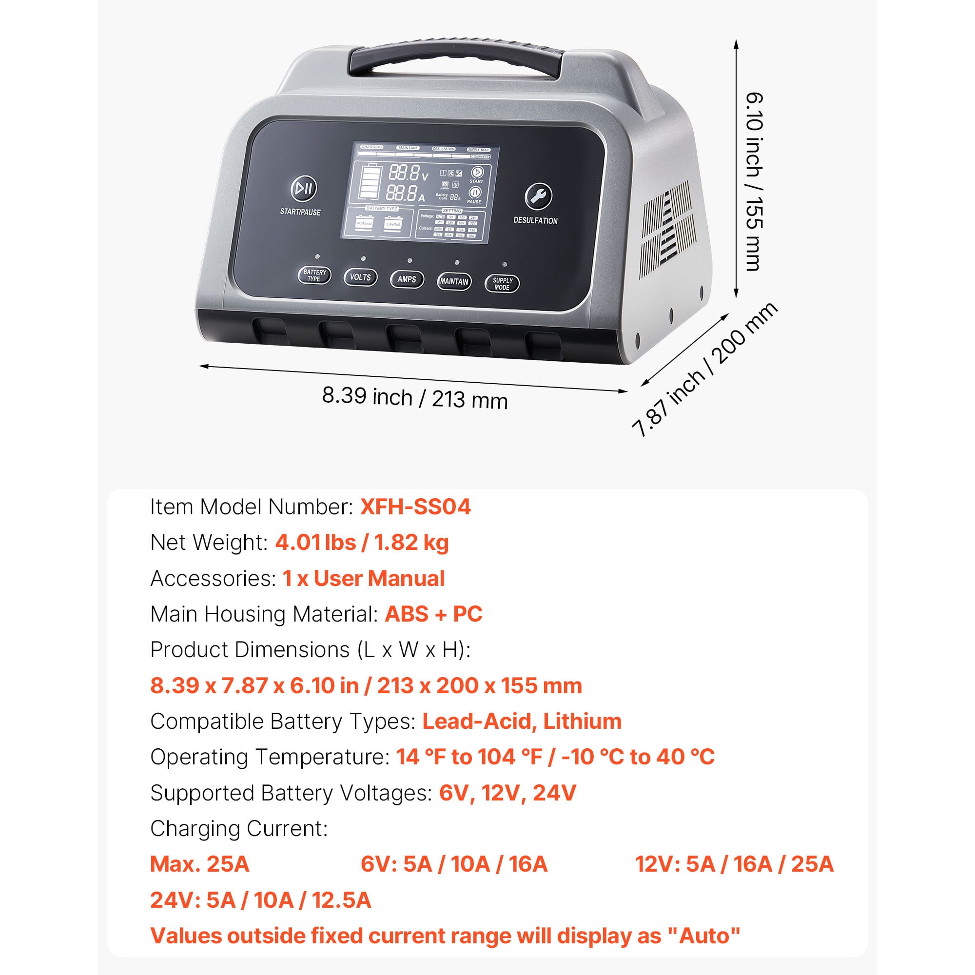 KFFKFF Smart Battery Charger, 25A, Compatible with 6V, 12V, and 24V Lithium LiFePO4 and Lead-Acid Batteries (Gel/AGM), Features LCD Display, Trickle Charging, and Desulfation, Suitable for Cars