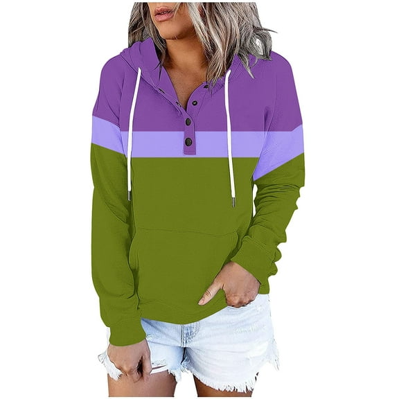 Women's Color Block Hooded Drawstring Button Down Sweatshirt Casual Long Sleeves Loose Fit Sweatshirt Tops With Pockets