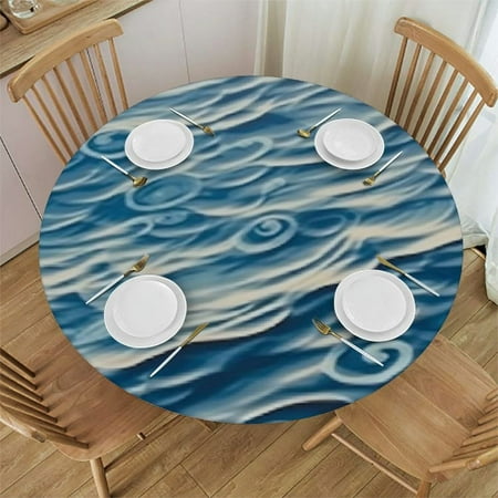 

Round Tablecloth with Elastic Sea Waves Ripples Waterproof Stain-Proof Table Cover Wipeable Fitted Table