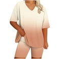 thumbnail image 3 of DDAPJ pyju Women's Plus Size 2 Piece Outfits Gradient Print Casual Sweatsuits Sets V Neck Short Sleeve Tops and Biker Shorts Tracksuit Sets Ofertas Prime Beige XL, 3 of 6