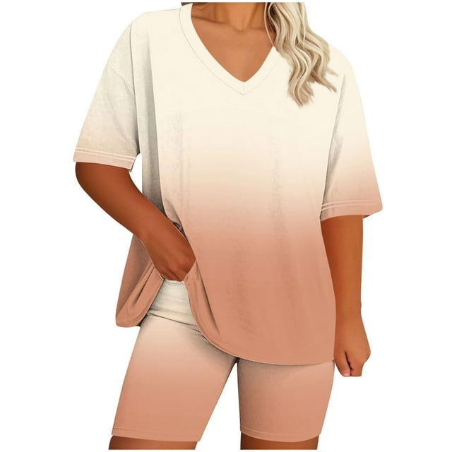 Womens Pajamas Two Piece Plus Size Lounge Sets Gradient Oversized Tshirt Slim Shorts Sleepwear Pjs Weekend Beige, 3XL