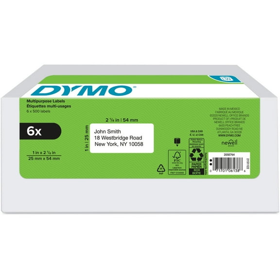Dymo Labels LabelWriter 2-1/8"Wx1"H 6 RL/PK White 2050764