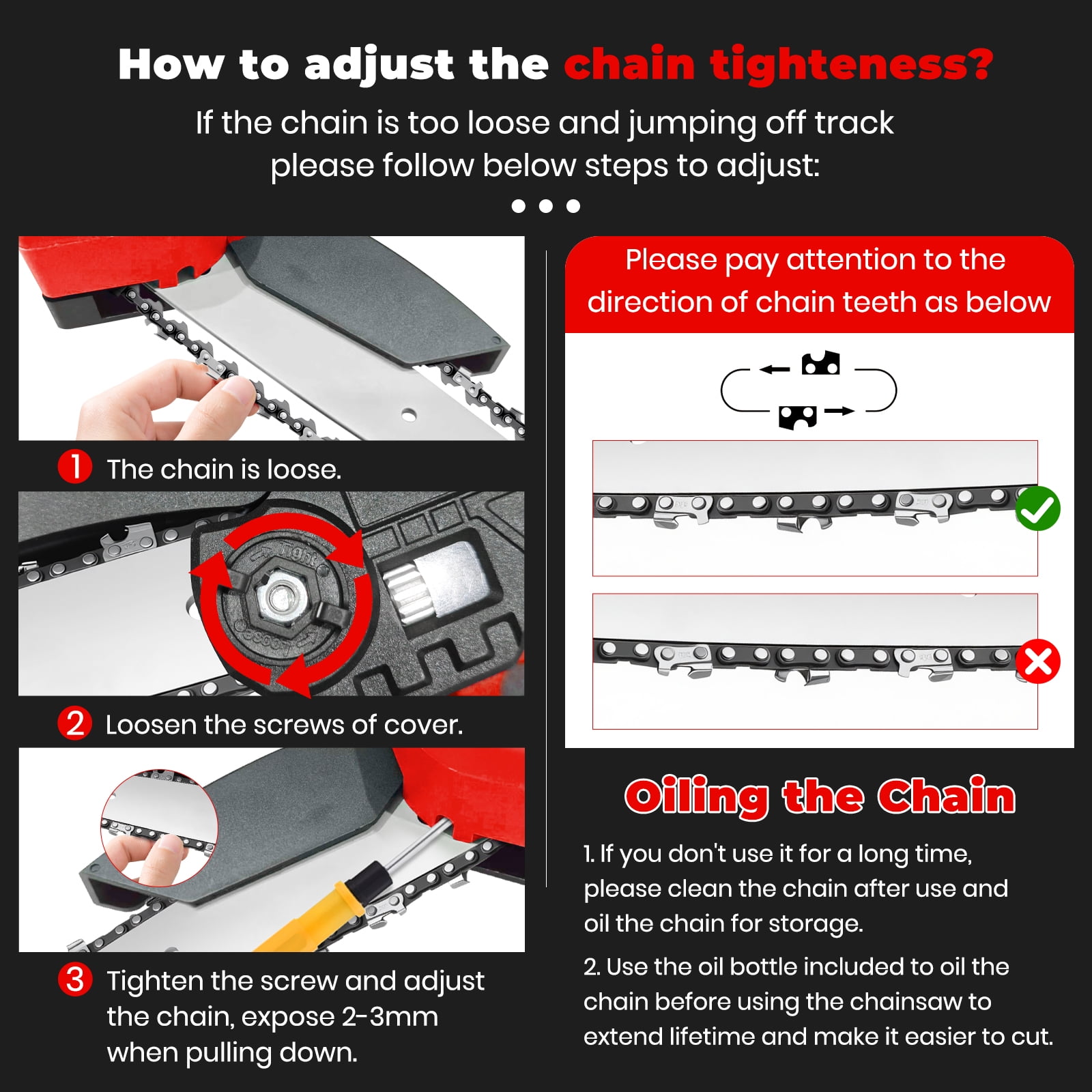 BAOKALER Mini Chainsaw, 4 & 6 inch Handheld Electric Chainsaw with 2×2.0Ah Batteries and 3 Chains for Tree Trimming Wood Cutting, Red