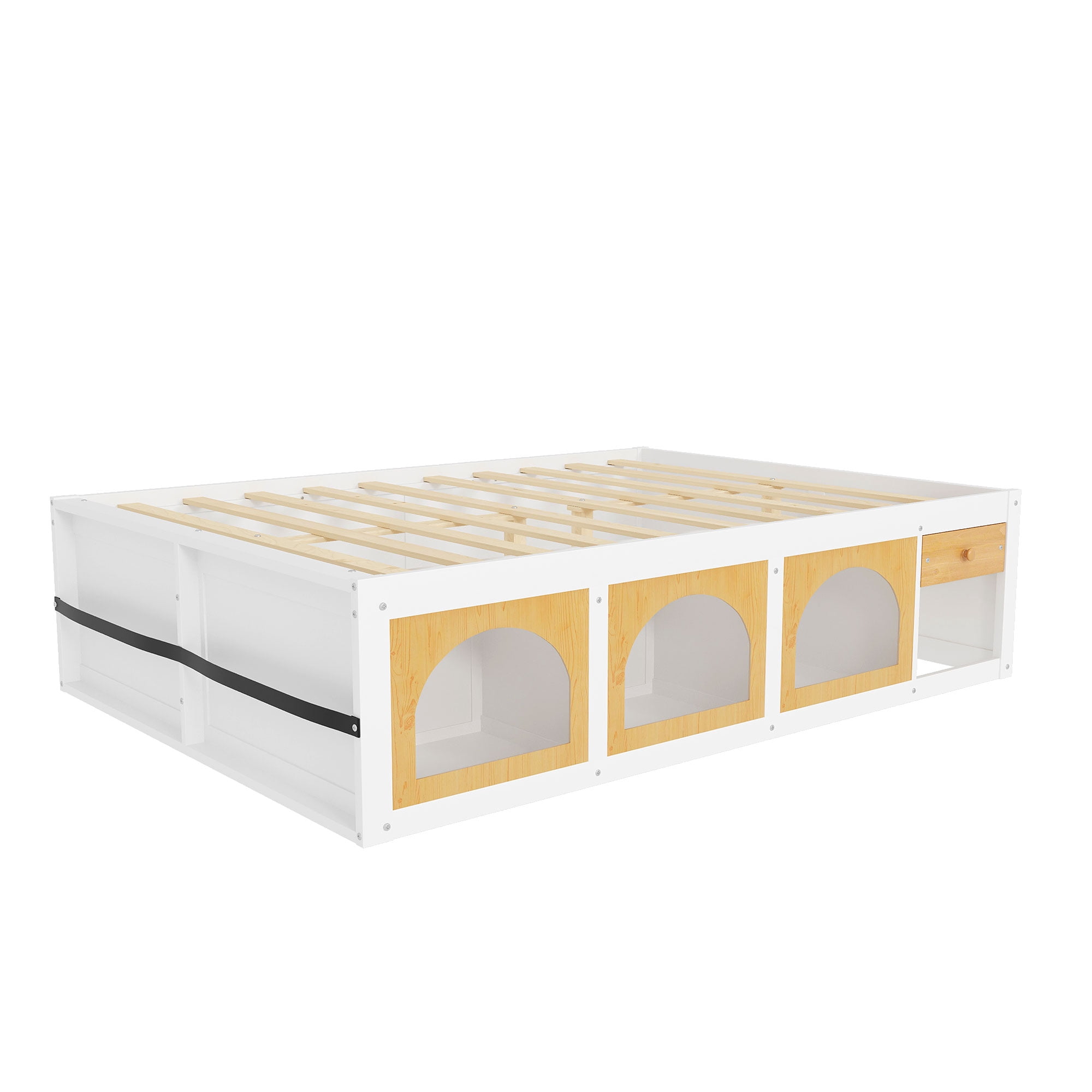 Mintazer Modern Queen Size Bed with Bookshelf and 3 Open Cubbies & Drawer, Platform Bed Frame with LED Light for Kids Bedroom, Natural & White