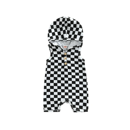 

Suanret Infant Baby Girl Boy Summer Hooded Romper Casual Sleeveless Checkerboard Print One-Piece Jumpsuit Black 6-12 Months