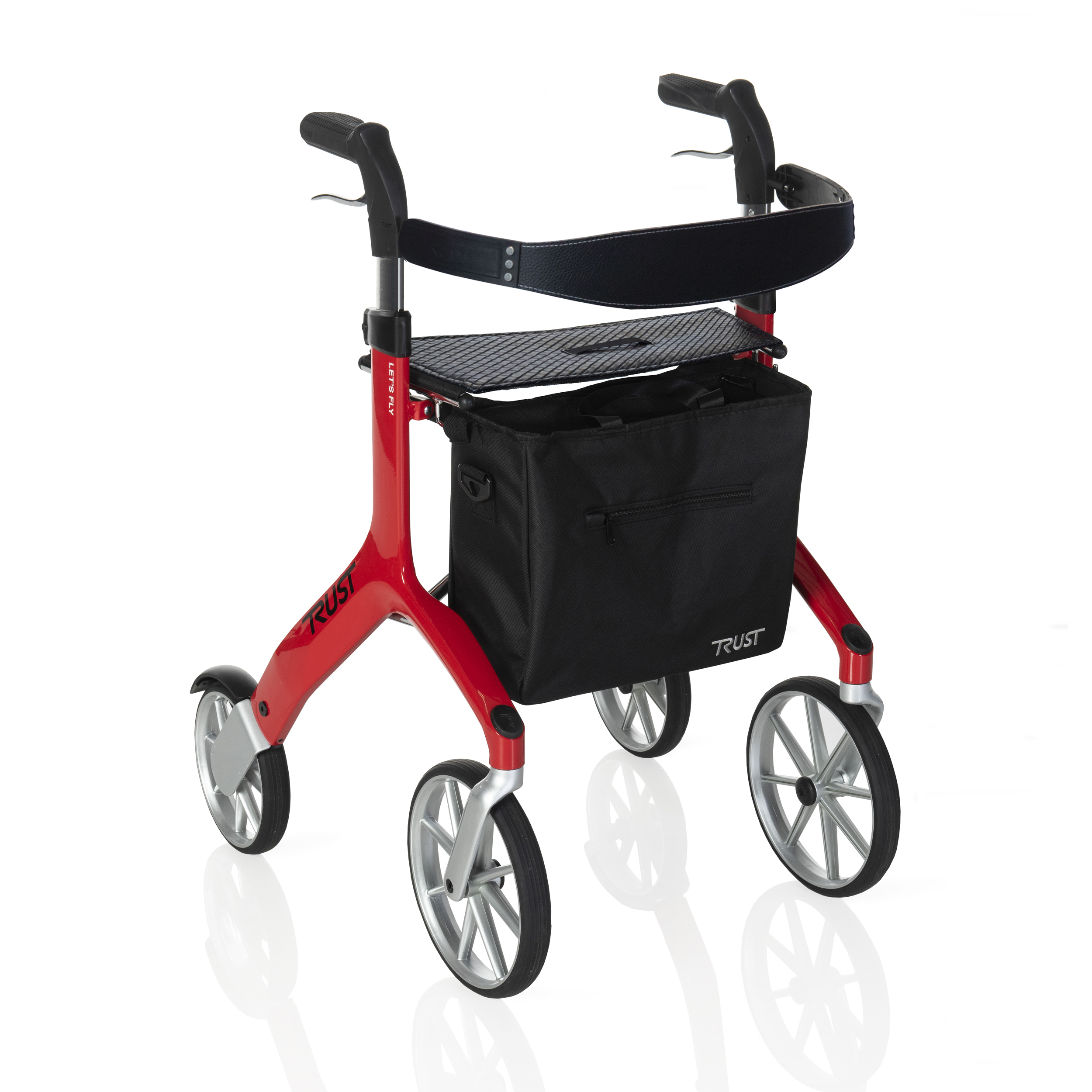Stander Let's Fly Rollator, Four Wheel Folding Walker with Seat, Red