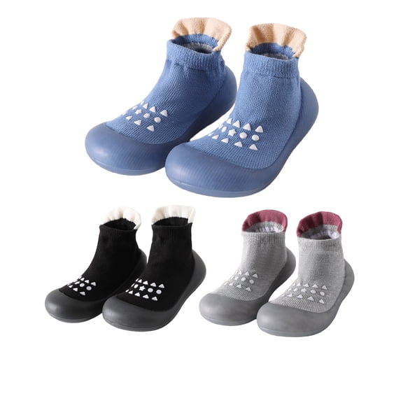 Baby Sock Shoes 3 Pack Boys Girls Walking Shoes Infant Slippers Non-Slip Soft Rubber Sole Lightweight Walking Shoes Blue Black Gray