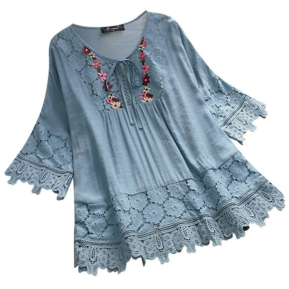 Fgnfyis Haut pour Femme en Lin avec Garniture en Dentelle, Col en V, Coupe Ample, Blouse Élégante et Décontractée pour Tous les Jours, T-Shirts pour Femmes, Bleu, TTTTG