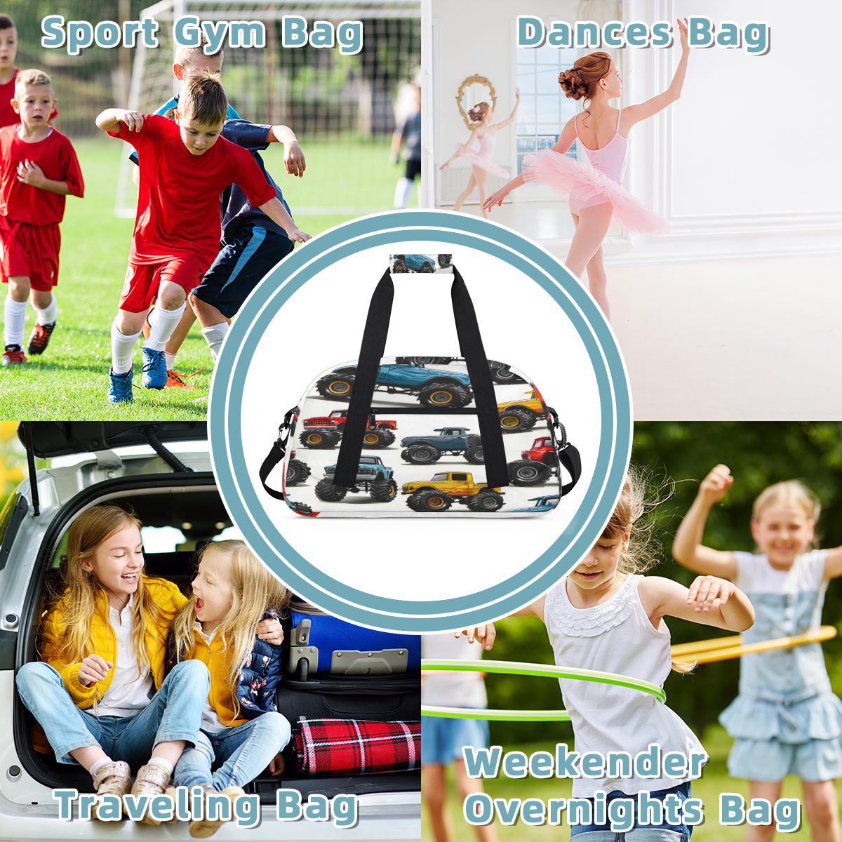 Herdesigns Sports Duffle Bags Travel Duffle Bag Gym Bag Monster Funny Truck Weekender Travel Bag Waterproof Overnight Bag Carry On Travel Tote Bag Dance Bags