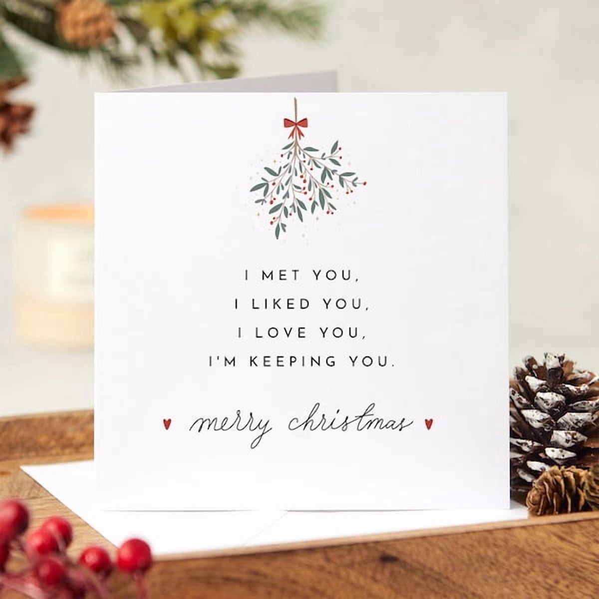 Merry Christmas Card with Mistletoe Artwork, Sentimental Holiday Greeting for Partner