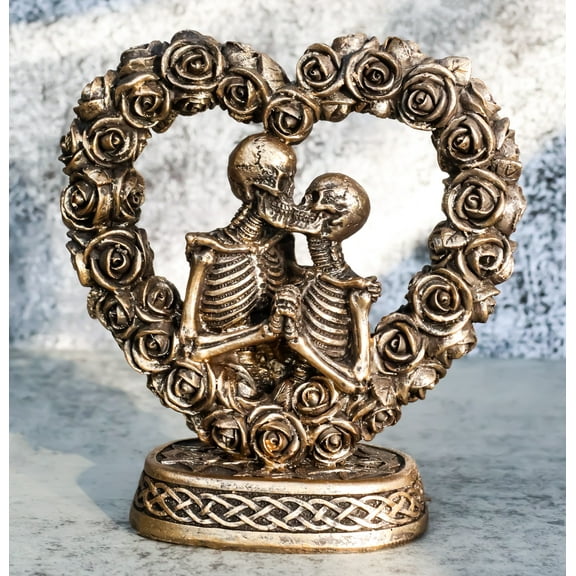 Love Never Dies Roses On Heart Wreath Kissing Skeleton Couple Bronzed Figurine