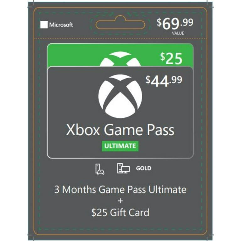 Xbox Gamepass Ultimate Multipack, 3 Months Game Pass Ultimate + $25 Gift  Card