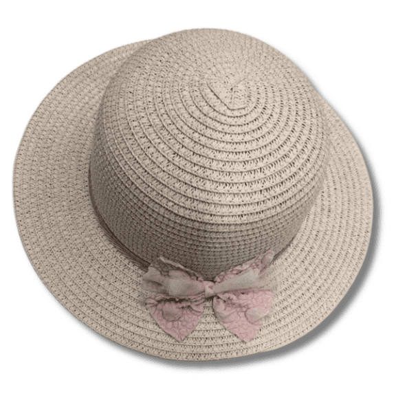 Women's Beige Straw Sun Hat with Pink Crinkled Bow