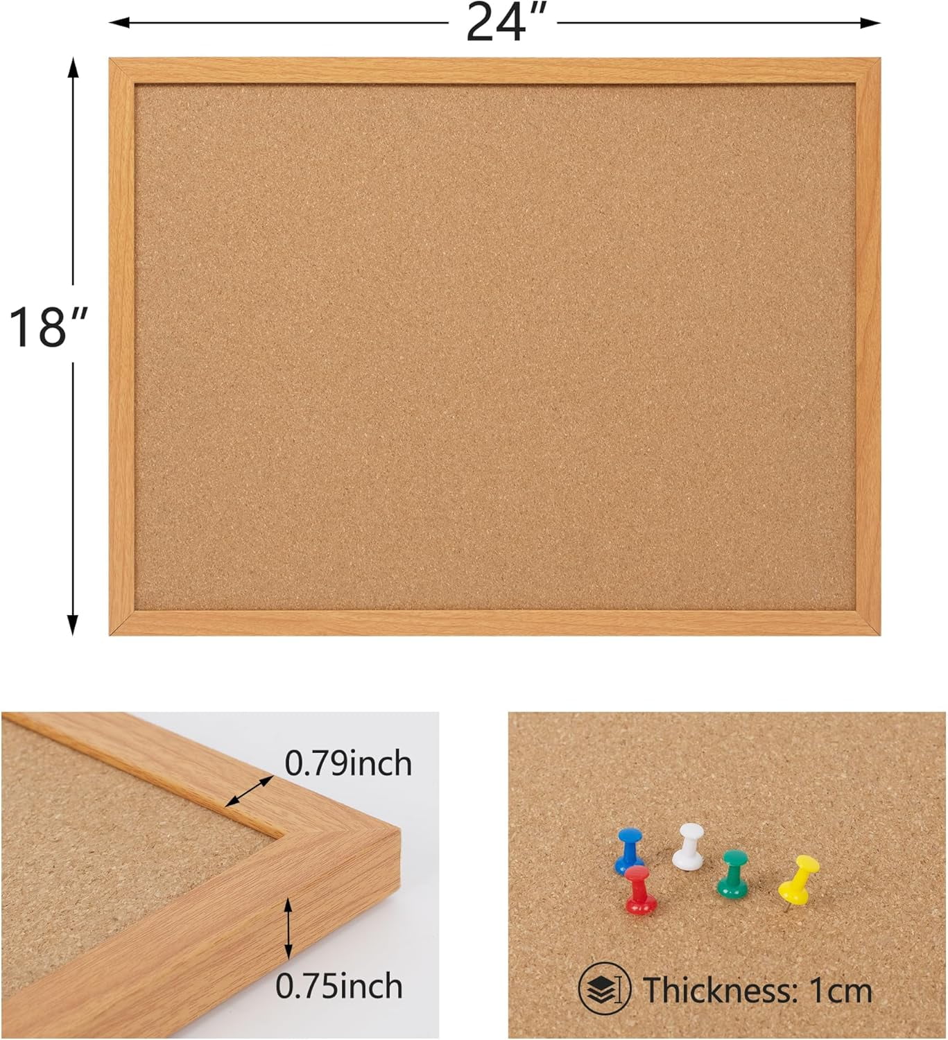 Cork Board Bulletin Board 24 x 18 Inches Cork Notice Pin Board Memo Board with Brown Wooden Frame for Display Home Decor Office Kitchen