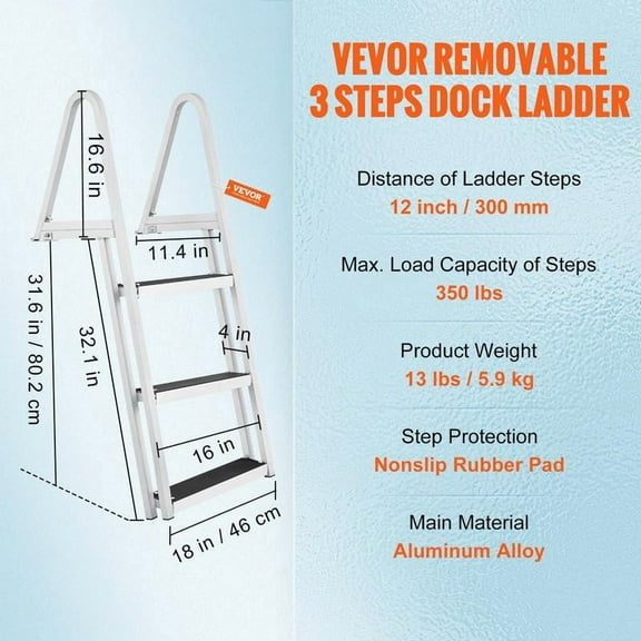 VEVOR Dock Ladder, Removable 3/4/5 Steps, 350/500 lbs Load Capacity, Aluminum Alloy Pontoon Boat Ladder with 4'' Wide Step & Nonslip Rubber Mat, Easy to Install for Ship/Lake/Pool/Marine Boarding