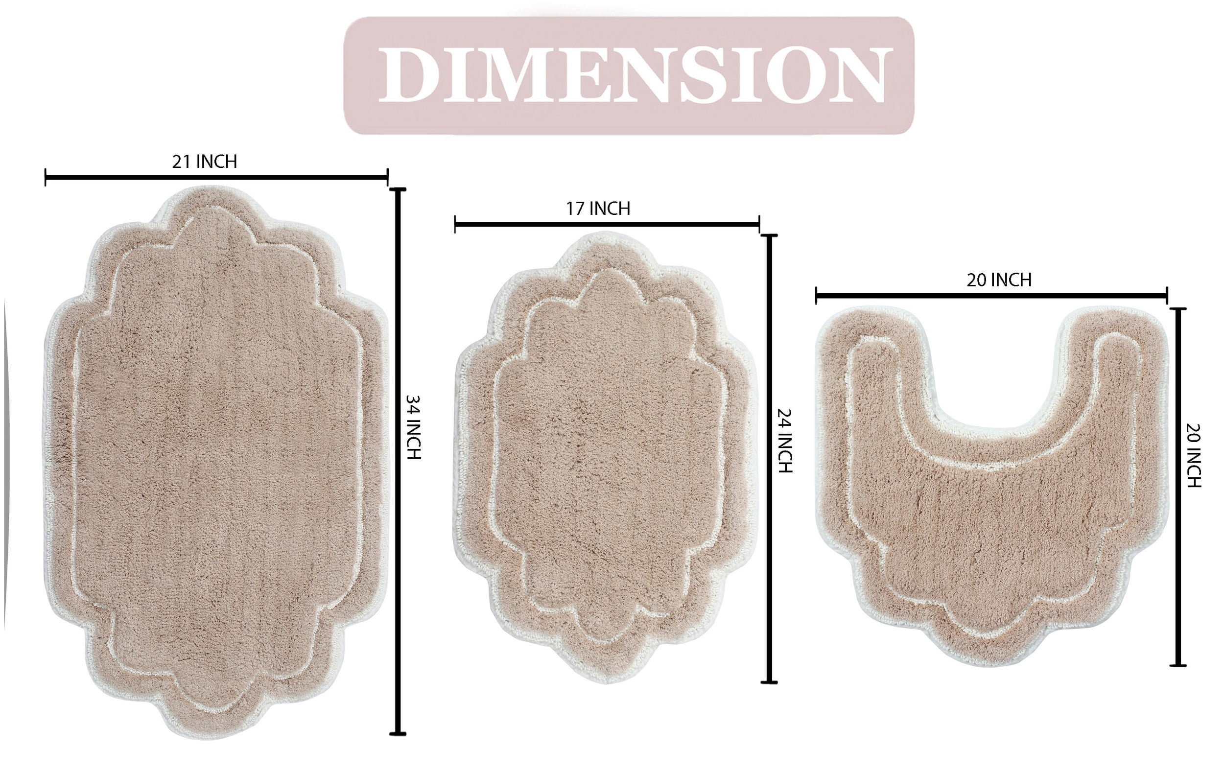 Home Weavers Allure Collection 100% Cotton Non-Slip Bathroom Rug Set Machine Washable Bathroom Rug-17"x24", Bath Rug- 21"x34", U Shaped Contour- 20"x20", Linen Color 3 Piece Bath Rug set