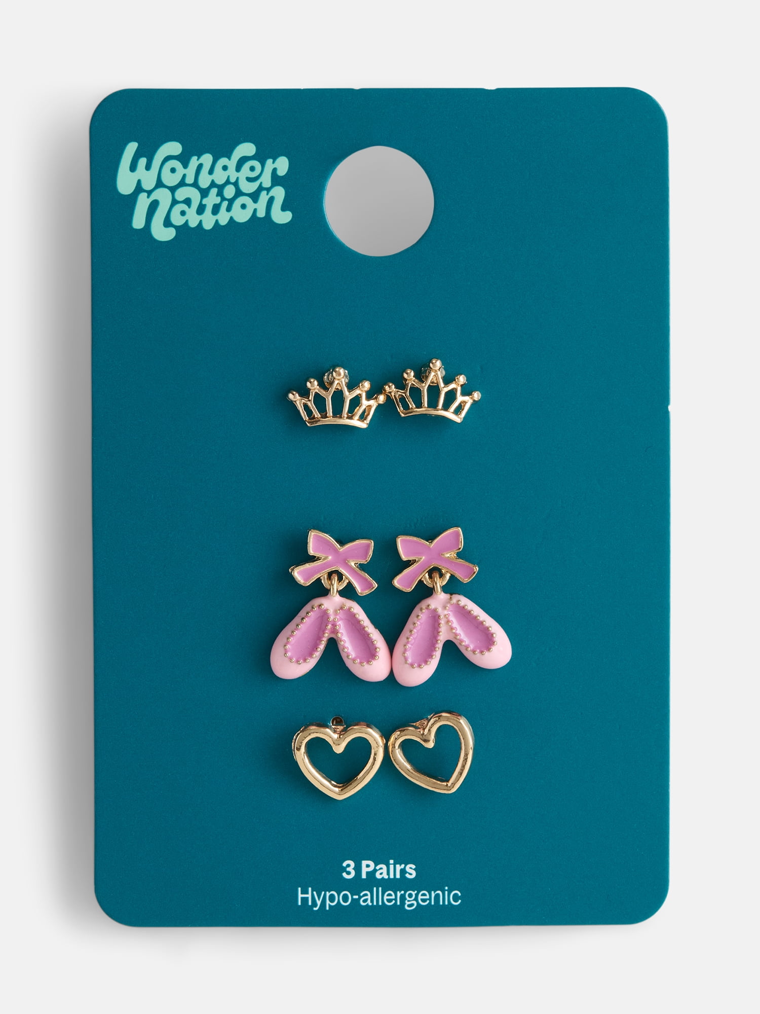 Wonder Nation Girls 3 Pairs Ballerina Earrings, Gold/Pink