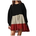 thumbnail image 1 of Robes Mignonnes Robe Chandail en Molleton Femmes Col Rond Manches Longues Patchwork Pull Tops Fluide Imprimé Chandail en Molleton Surdimensionné Mini Robe S-21 Rouge-A L, 1 of 5