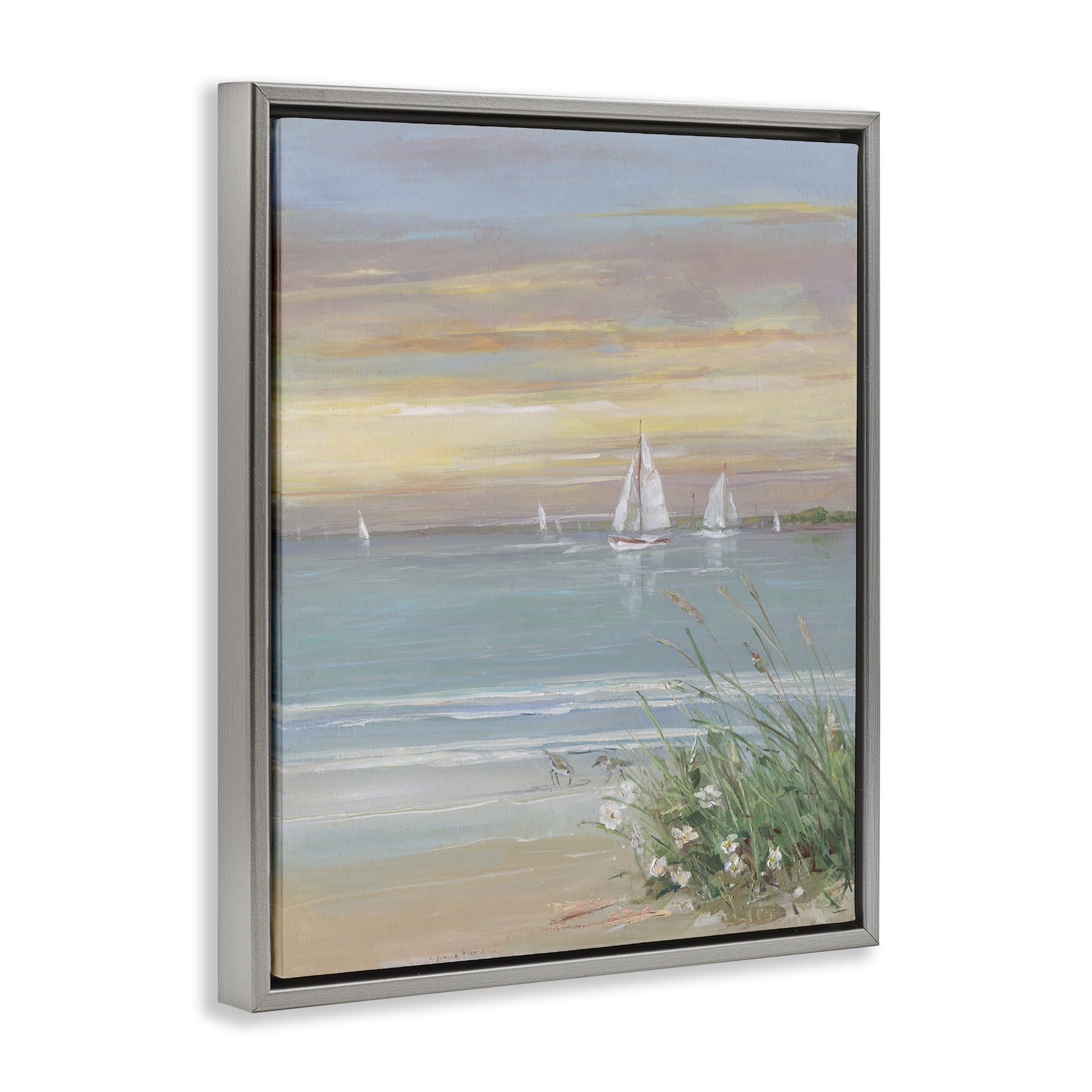 Stupell Industries Sailboats Beyond Sandy Shore Gray Framed Floater Canvas Wall Art, design by Sally Swatland