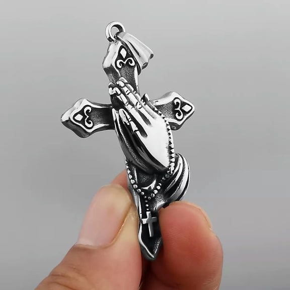 HOOUN Silver Praying Hands Cross Pendant Necklace Christian Jewelry For Men Women 24"