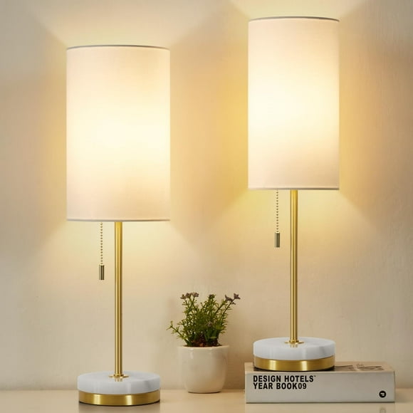 NATYSWAN Minimalist Table Lamp Set of 2, Nightstand Lamp for Bedroom Living Room, Modern Pull Chain Bedside Lamp with Marble Base, Fabric Shade, Small Desk Lamp for Home, Office, Reading