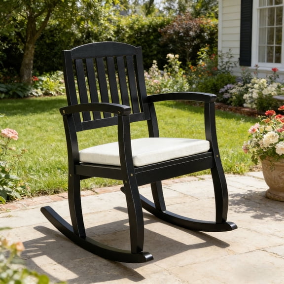 Outdoor Rocking Chair with Cushion, Porplar Wood Patio Rocker for Backyard Porch Deck Home, Black