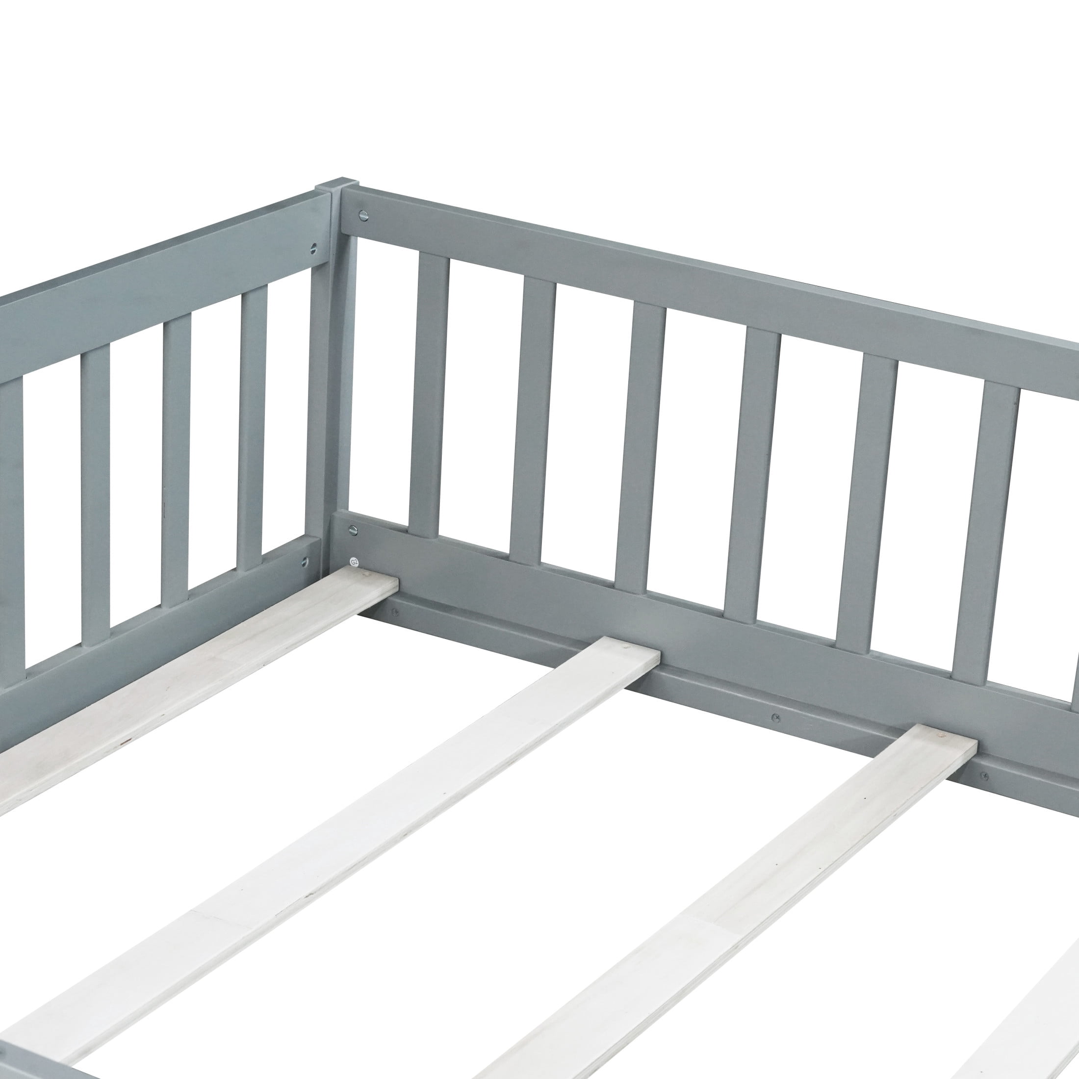 Noble House Full Floor Bed with Safety Guardrails and Door, Rubber Wood Montessori Bed, Kid's Room, Gray