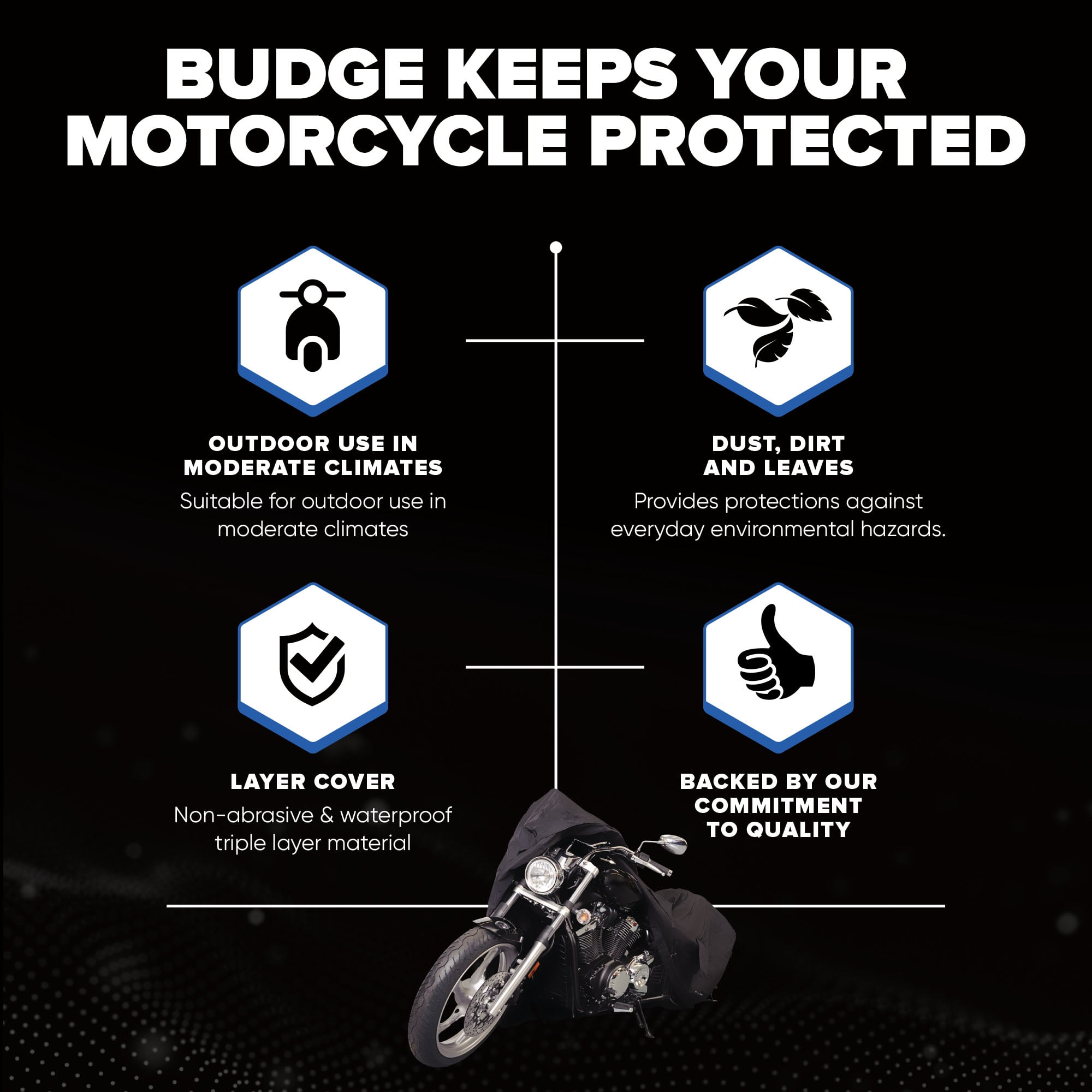 Budge Sportsman Trailerable, Waterproof Motorcycle Cover, Heavy-Duty All Weather Indoor and Outdoor Cover, Size 2 for Extra Large Motorcycles, Black