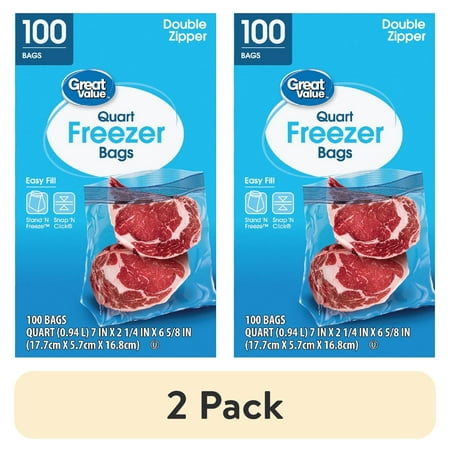 (2 pack) Great Value Freezer Guard Double Zipper Freezer Bags, Quart, 100 Count