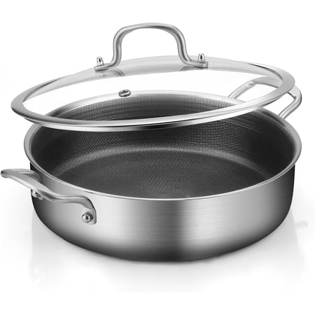 Tri-Ply Stainless Steel 5 Quarts Saute Pan, 12.5 Inch Nonstick Skillet with lids, Hybird Large Frying Pan,18/10 Chef's Cooking Pan, Induction Pan, Dishwasher and Oven Safe