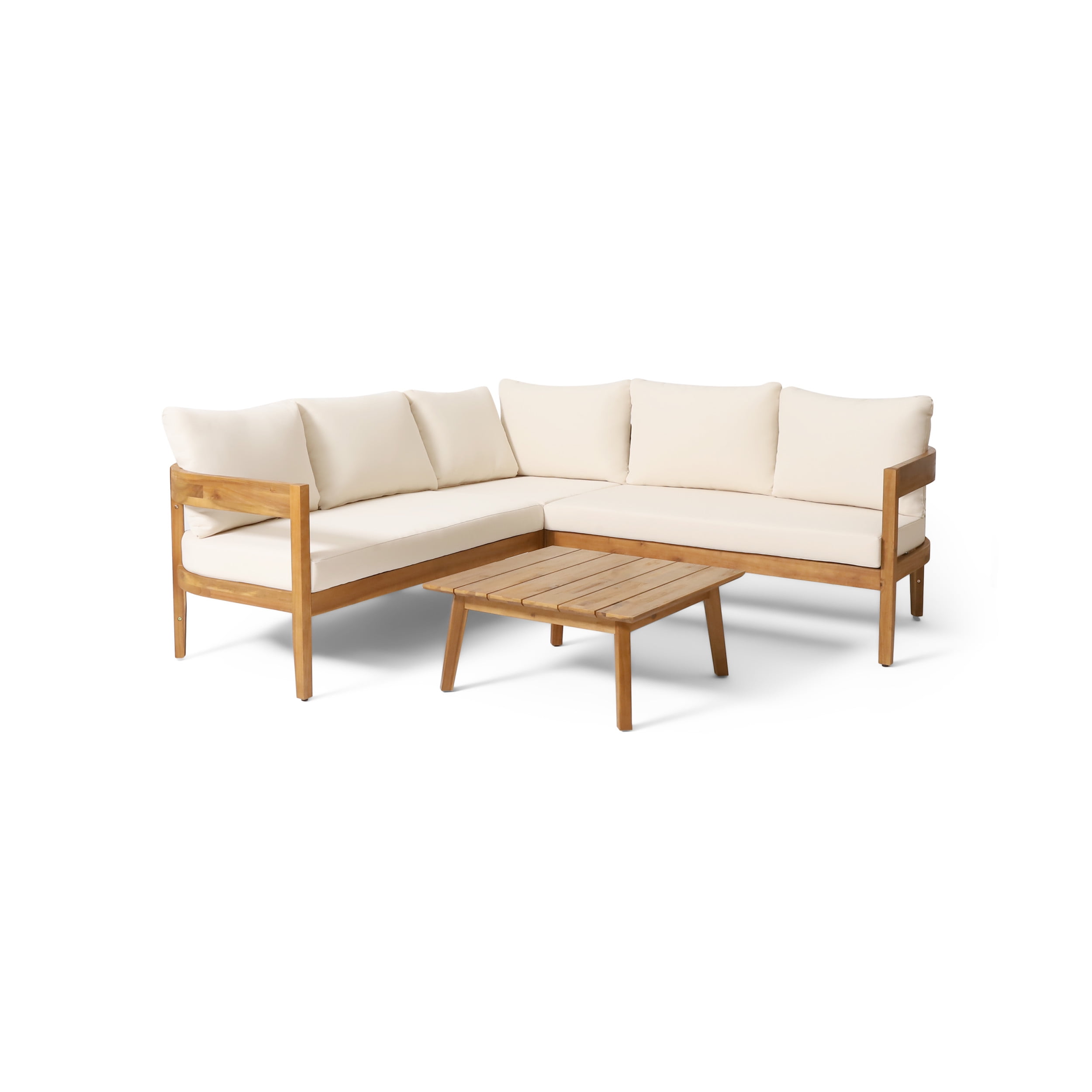 Burrough Acacia Wood Outdoor 5 Seater Sectional Sofa Chat Set with Cushions, Teak and Beige