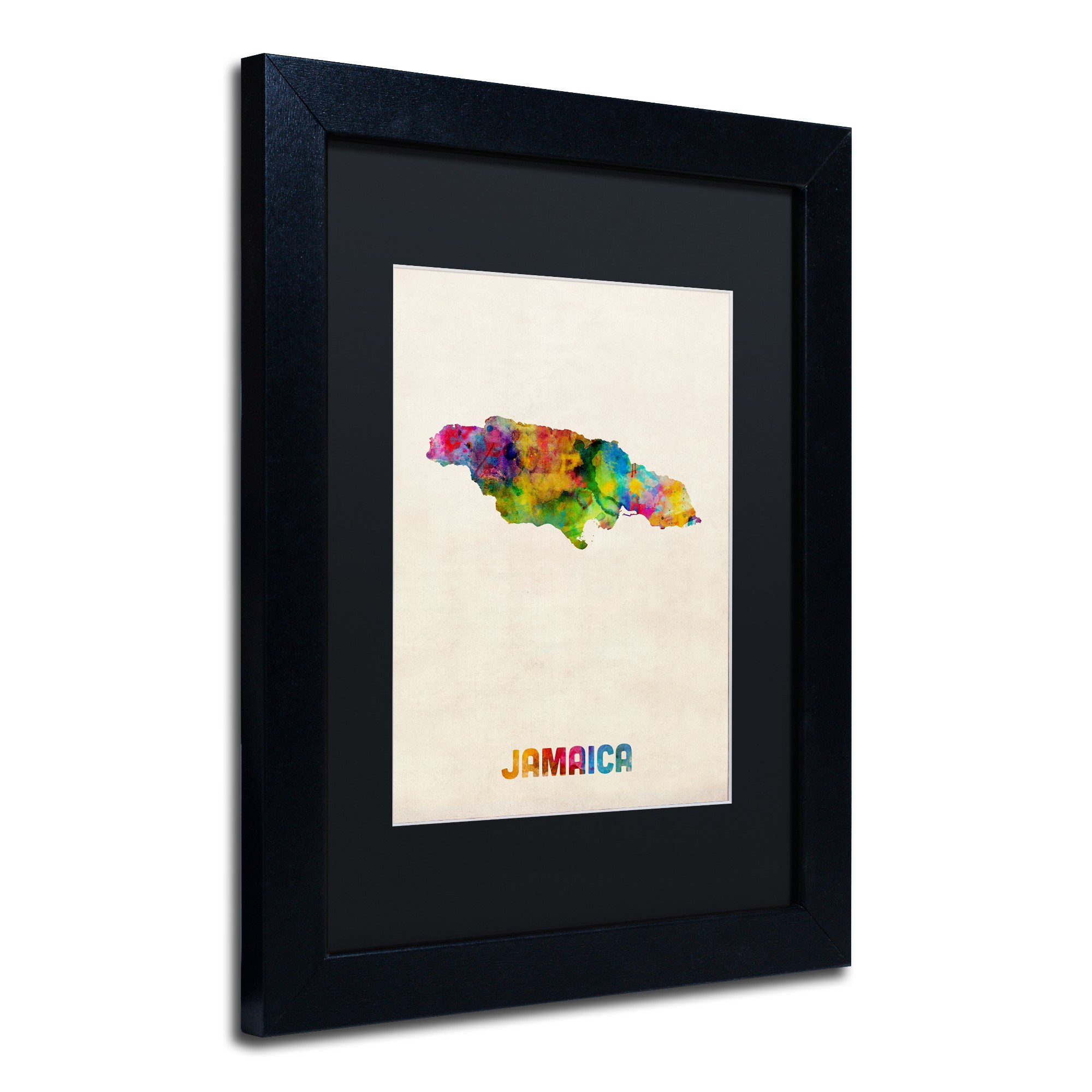 Trademark Fine Art "Jamaica Watercolor Map" Canvas Art by Michael Tompsett Black Matte, Black Frame